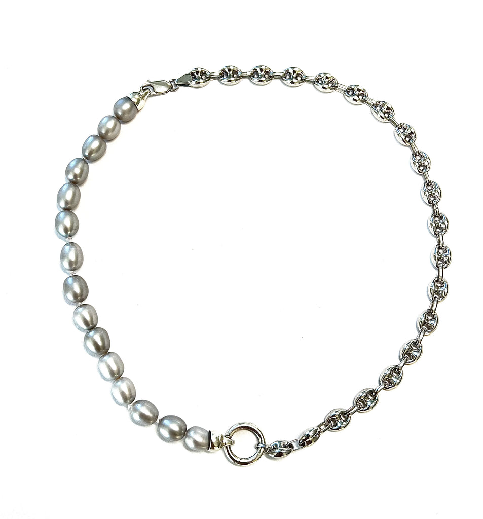 Sterling silver GUCCI link chain and silver freshwater pearls men's necklace